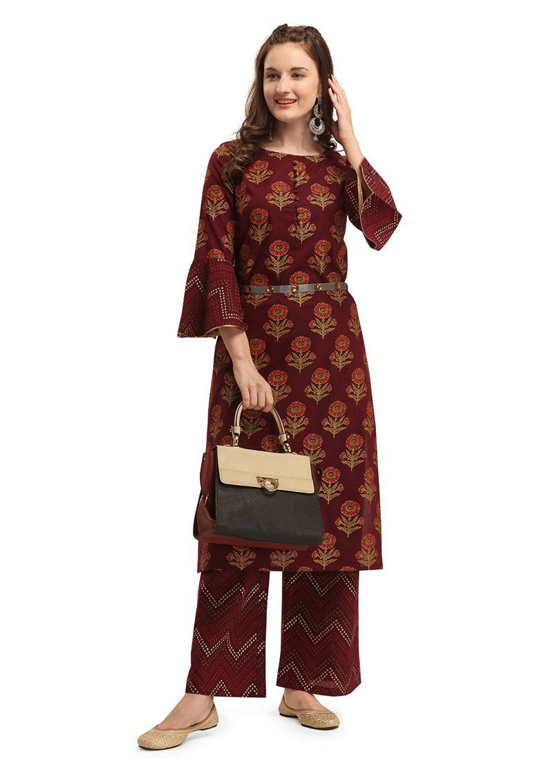 Maroon Colour Fancy Designer Ethnic Regular Wear Cotton Printed Kurti And Palzzo Stylish Latest Collection 152